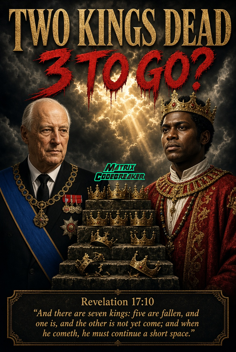 Two Fallen Crowns Three To Go? by NUMBERS DON'T LIE — GEMAFIA Blog cover. Two Fallen Crowns: Kings Die a Day Apart. Revelation 17:10 Is Already Circulating. Two kings dead in two days. Oyo of Tooro, 34, on Aug 27. Harald of Norway, 89, on Aug 28. Revelation 17:10 names seven kings and a short Free gematria · Murdered By Numbers · decode desk.